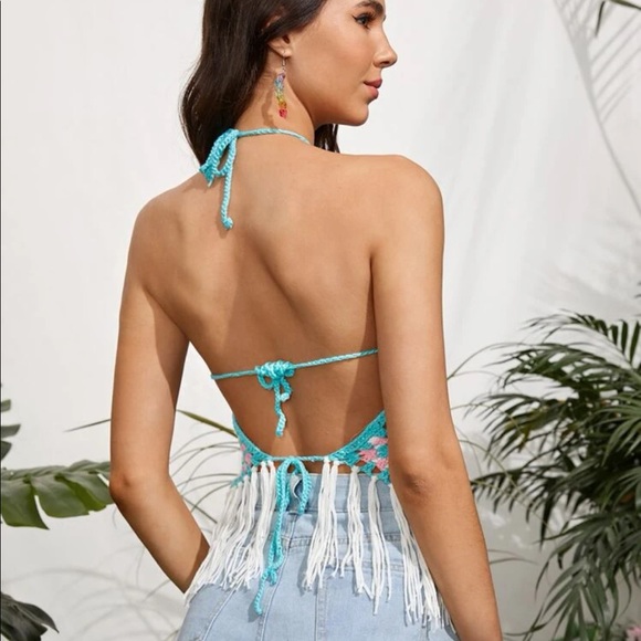 Crochet bikini cover-up halter top blue tassel open back sexy top - Picture 3 of 3